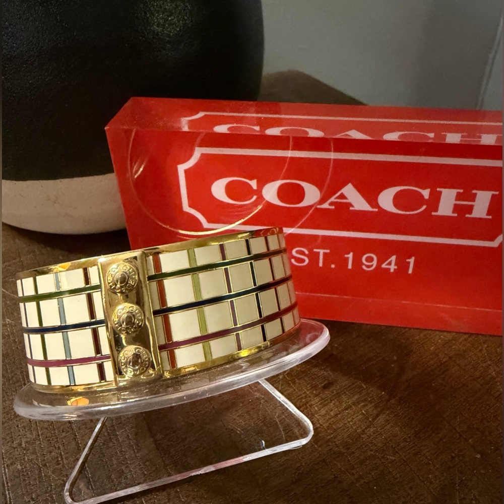 Coach Tattersall Gold Enamel Bangle Cuff Bracelet